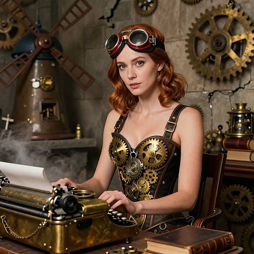 Steampunk Woman Typing at Antique Brass Typewriter with Gears Background