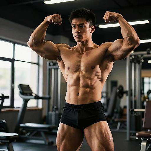 Muscular Man Flexing Biceps in Gym Fitness Pose