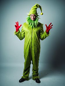 Man in Grinch Costume Full Body Cosplay Photo Photorealistic Style