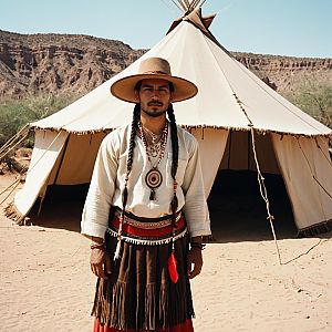 Native American Inspired Man Standing by Teepee in Desert