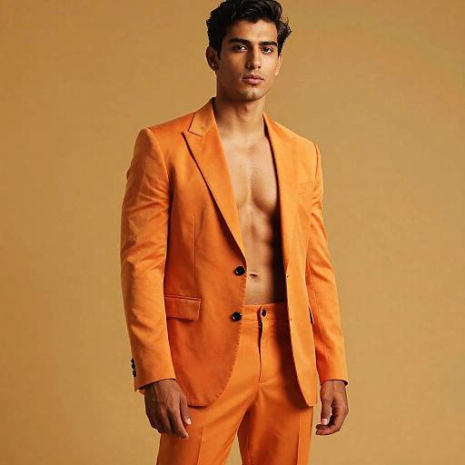 Young Man Modeling Bold Orange Suit Gen Z Fashion