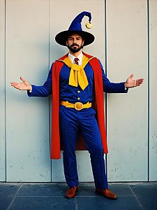 Man in Themed Full-Body Wizard Costume with Blue Suit and Red Cape