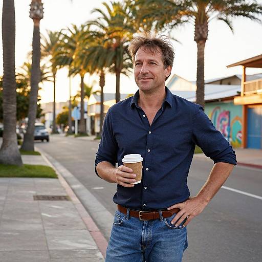 Man Holding Coffee on Palm Tree Lined Street Casual Style