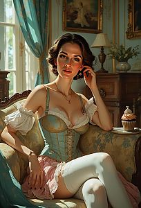 Elegant Woman in Rococo Style Lingerie Sitting on Vintage Sofa