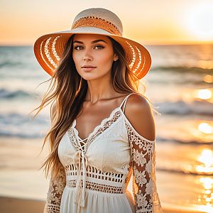 Woman in White Dress at Sunset Beach