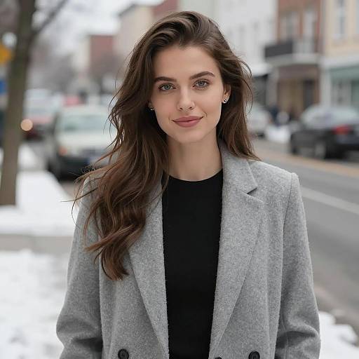 Young Woman in Stylish Grey Coat on Snowy Urban Street