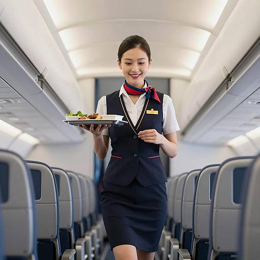 Smiling Stewardess Walking Down Airplane Aisle Carrying Meal Tray