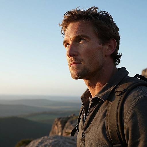 Man with Backpack Looking Into Distance on Rocky Landscape at Sunset