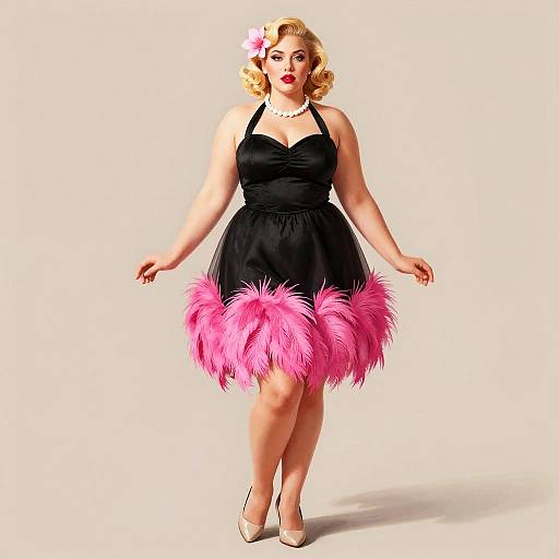 Vintage Pin-Up Woman Wearing Black Dress with Pink Feathers