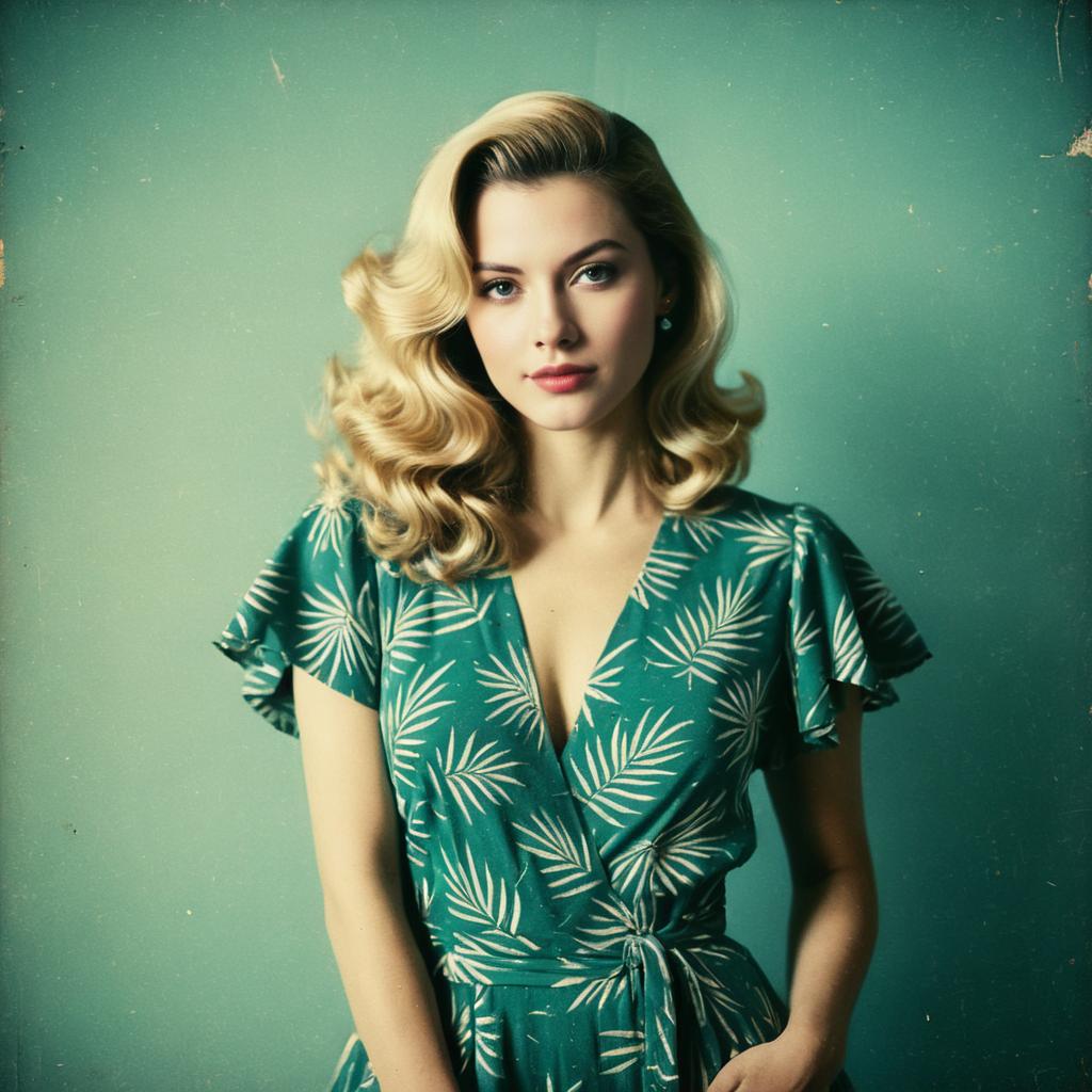 Glamorous Woman in Vintage Green Leaf Print Dress