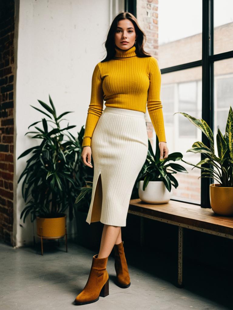 Stylish Woman in Mustard Turtleneck and Cream Ribbed Skirt with Ankle Boots Indoors