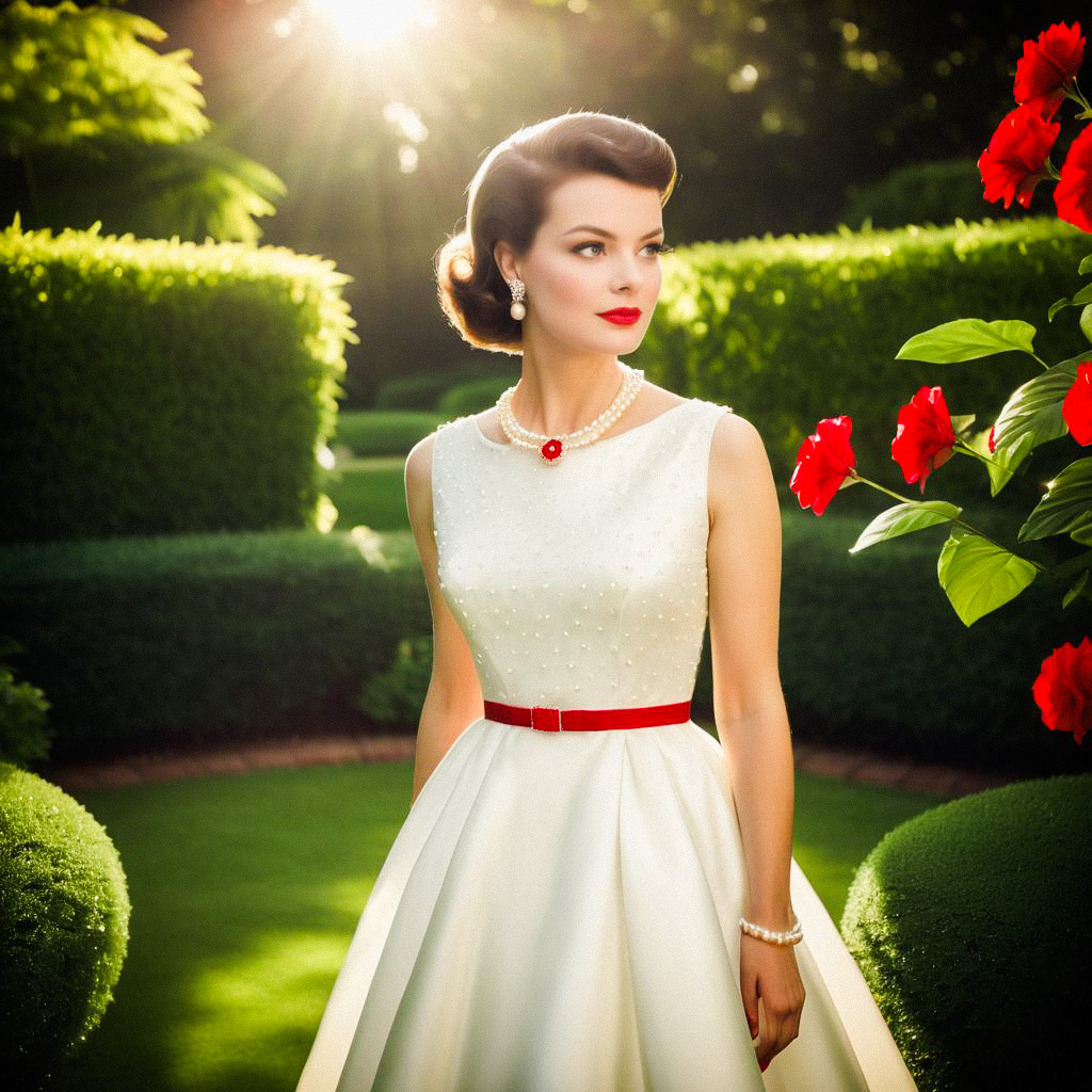 Elegant Woman in Vintage Dress in Garden