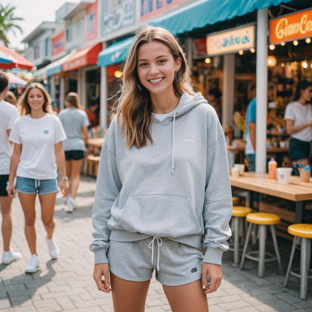 Smiling Woman in Casual Hoodie at Urban Market