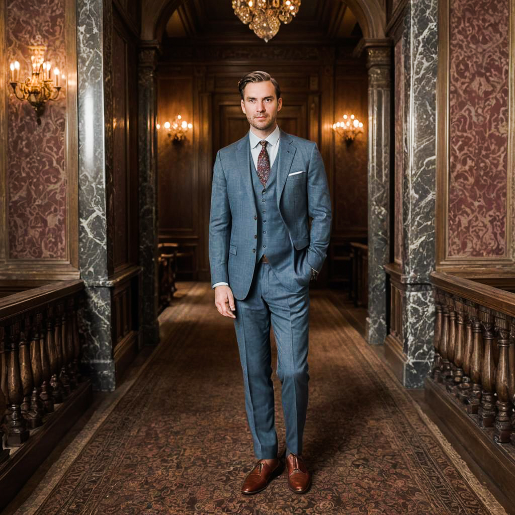 Confident Man in Vintage Hallway with Light Blue Suit