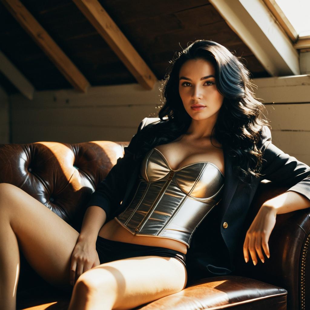 Confident Woman in Metallic Corset and Blazer Relaxing on Leather Sofa