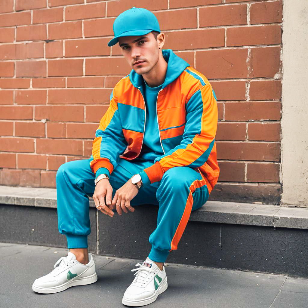 Young man in blue and orange tracksuit against brick wall