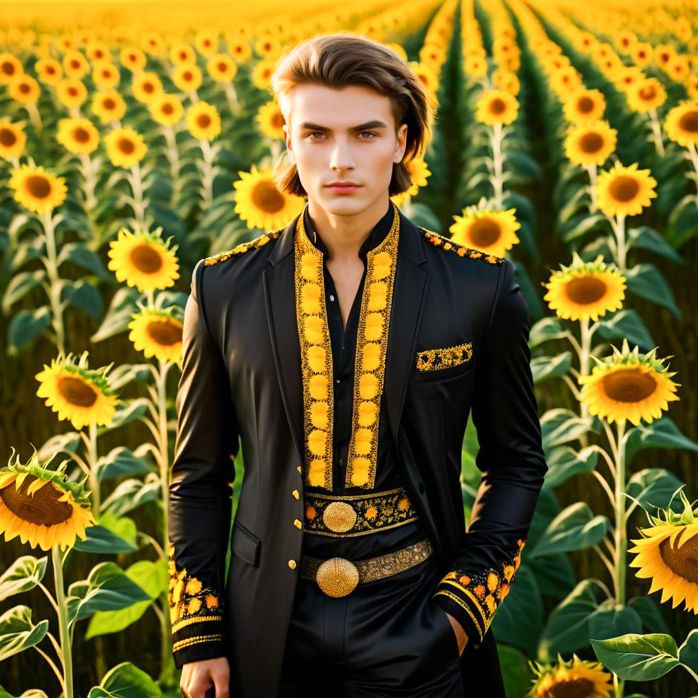 Male Model in Black Outfit Among Sunflowers