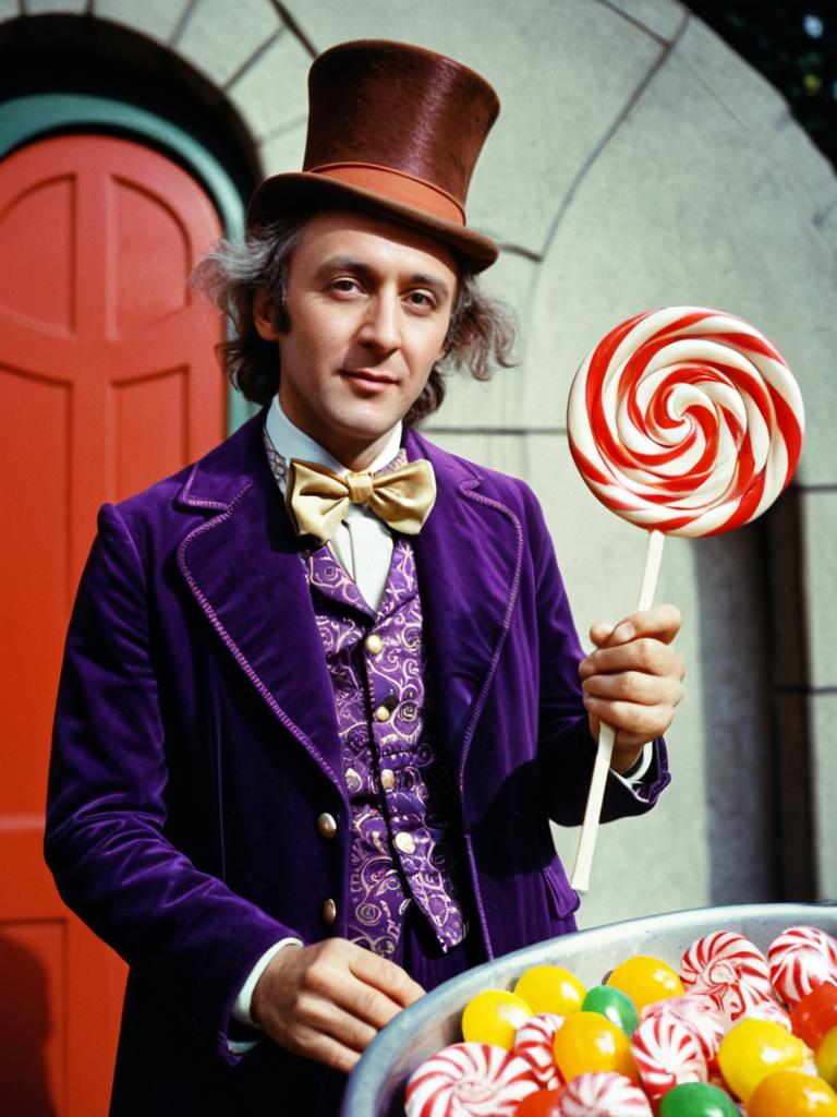 Man in Willy Wonka Costume Holding Lollipop with Candy Props