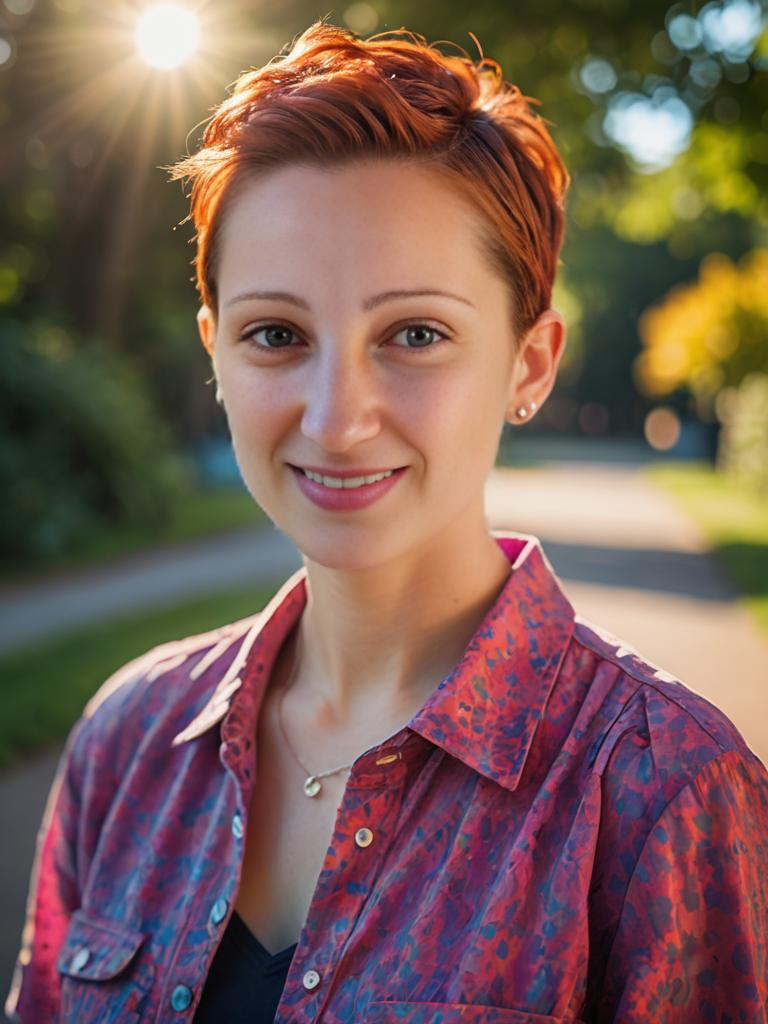 Cheerful woman in sunlit outdoor setting