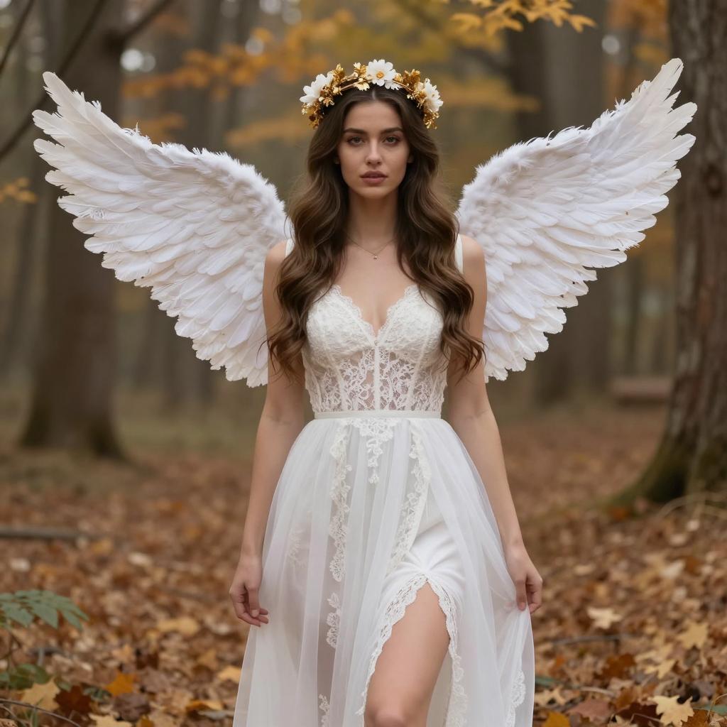 Woman in White Angel Costume with Wings and Floral Crown in Autumn Forest