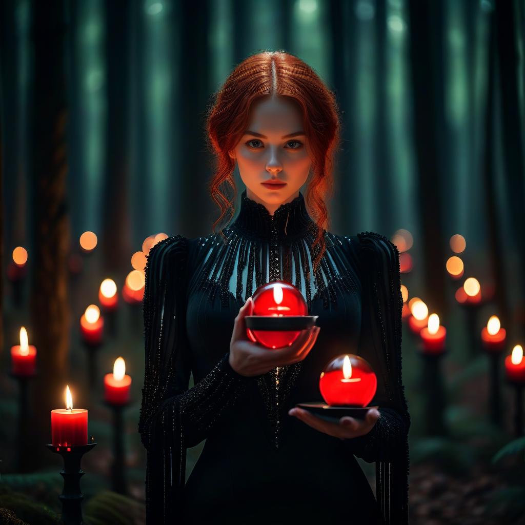 Mysterious Red-Haired Woman Holding Red Orbs in Enchanted Forest with Candles