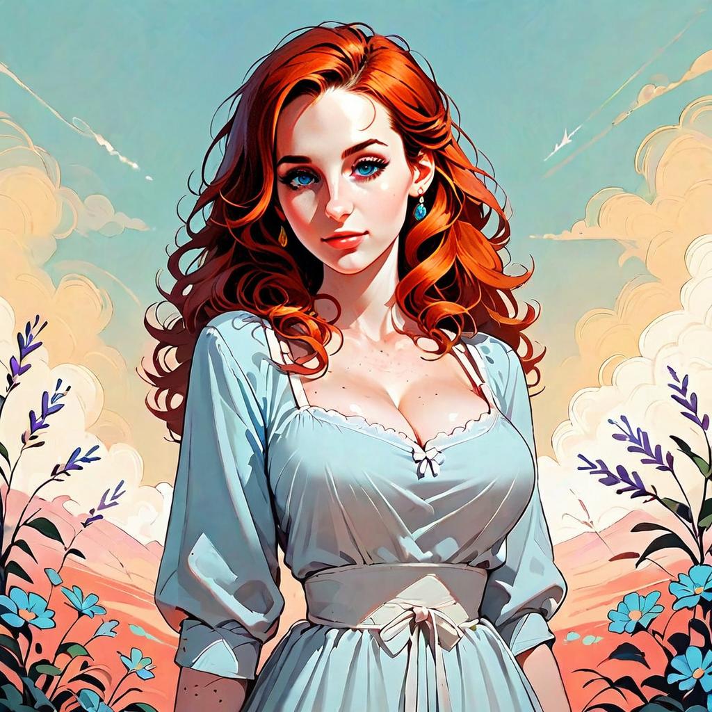 Red-Haired Woman in Blue Dress with Floral Background Digital Illustration