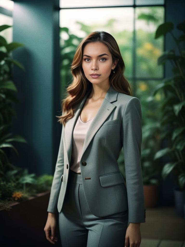 Professional Woman in Gray Suit Amidst Greenery