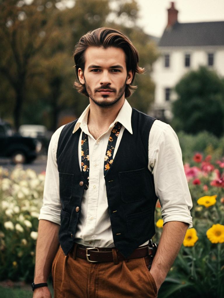 Retro Outfit Young Man in Vintage Style with Suspenders and Vest Outdoors