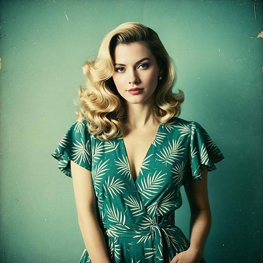 Glamorous Woman in Vintage Green Leaf Print Dress