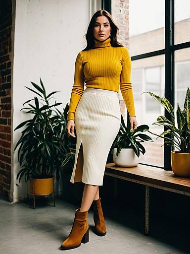 Stylish Woman in Mustard Turtleneck and Cream Ribbed Skirt with Ankle Boots Indoors