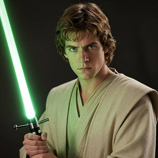 Young Jedi Man with Green Lightsaber in Beige Robe