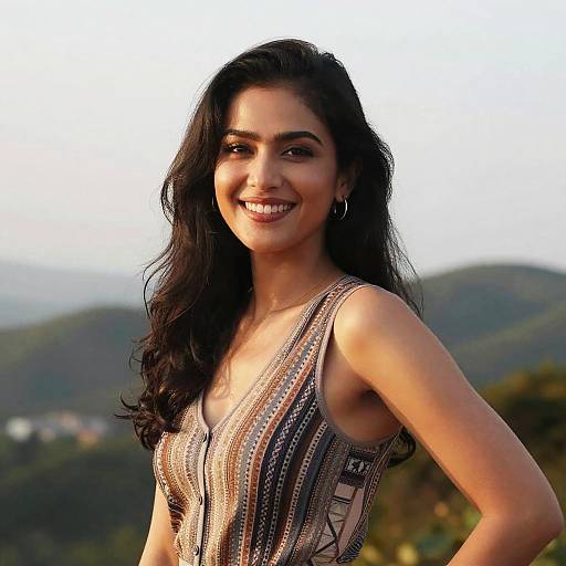 Smiling Young Woman in Casual Patterned Top Outdoors with Hills Background