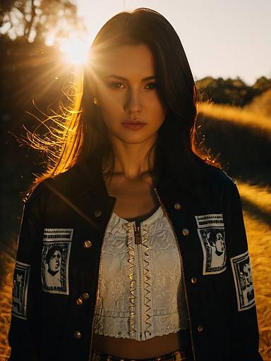Woman in Black and White Bandana Print Jacket Urban Streetwear During Golden Hour