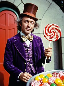 Man in Willy Wonka Costume Holding Lollipop with Candy Props