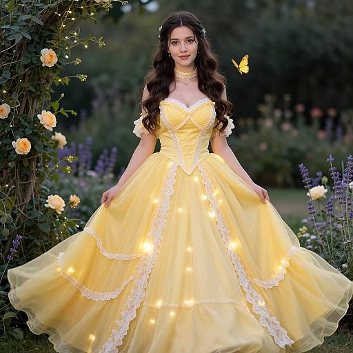 Young Woman in Elegant Yellow Ball Gown with Fairy Lights in Garden