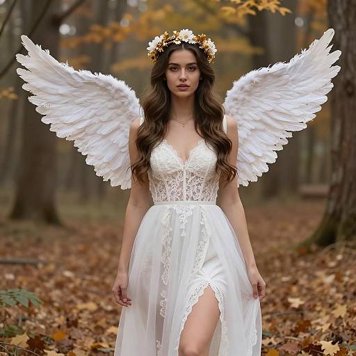 Woman in White Angel Costume with Wings and Floral Crown in Autumn Forest