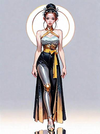 Stylish Woman in Futuristic Dress with Metallic Prosthetic Leg - Comic Realistic Digital Art