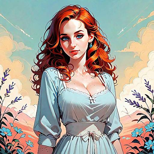Red-Haired Woman in Blue Dress with Floral Background Digital Illustration