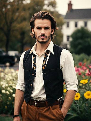 Retro Outfit Young Man in Vintage Style with Suspenders and Vest Outdoors