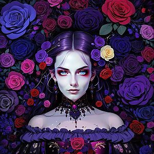 Pale Woman with Blue Eyes and Vibrant Roses