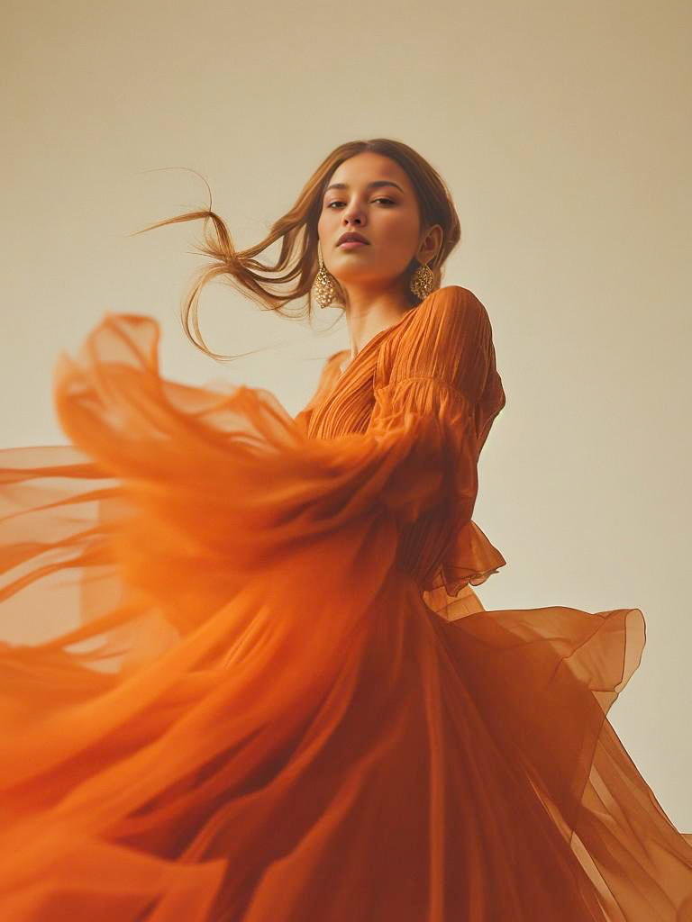 Woman Twirling in Elegant Orange Dress