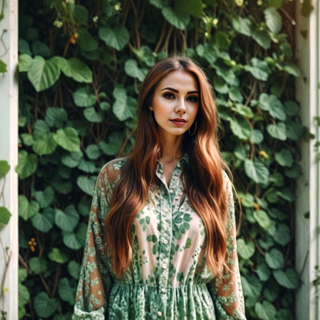 Woman in Floral Dress Among Greenery