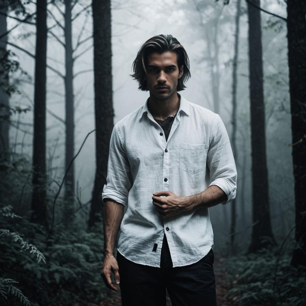 Confident Man in Misty Forest
