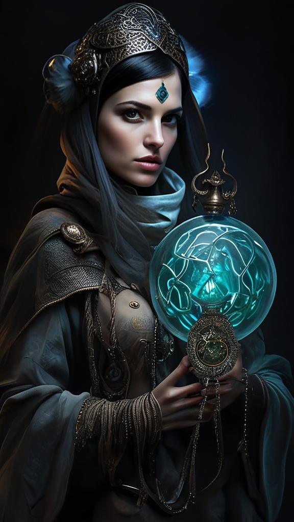 Mysterious Woman in Medieval Armor with Blue Orb Mysterious Woman in Medieval Armor with Blue Orb