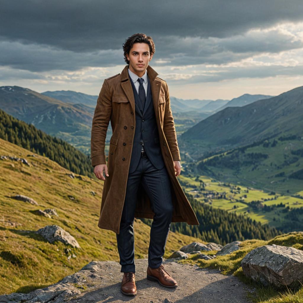 Man in Brown Coat Against Mountain Landscape