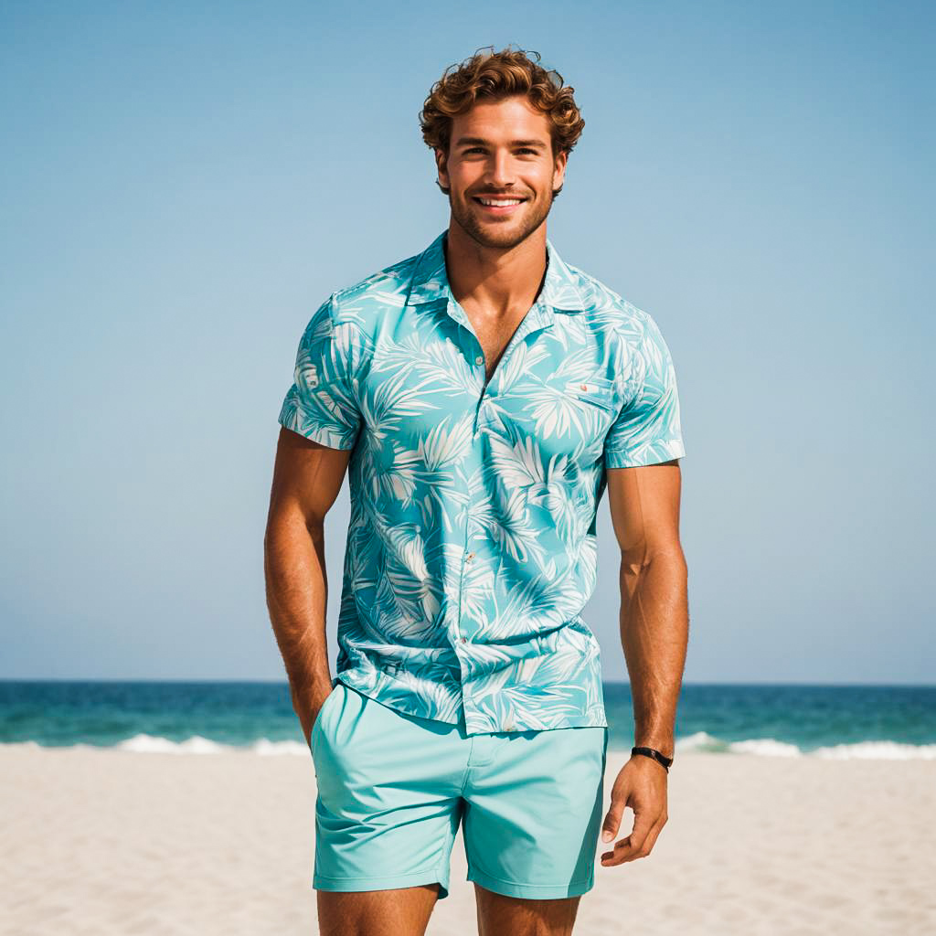 Smiling Man in Tropical Shirt and Shorts on Beach rccg0n7w