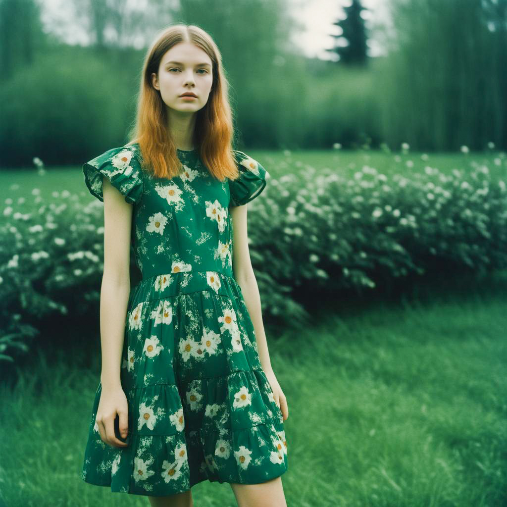 Young Woman in Floral Green Dress in Lush Field