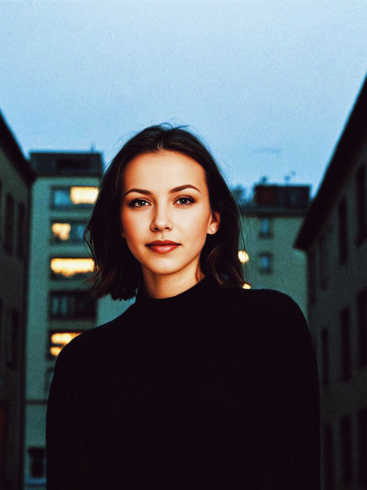 Woman in Black Turtleneck, Evening Cityscape