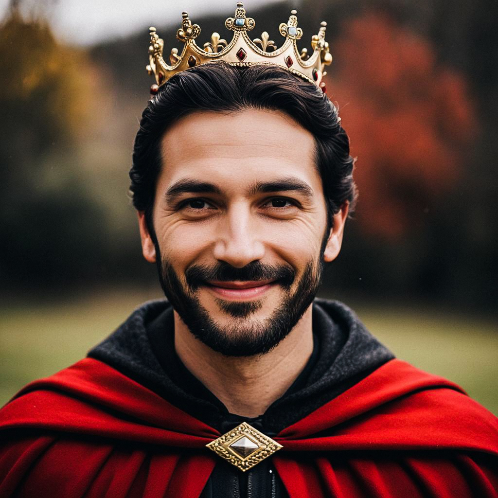 Smiling Man in Crown and Cloak Outdoors
