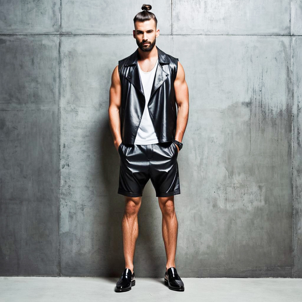 Stylish Man in Leather Vest and Shorts Stylish Man in Leather Vest and Shorts
